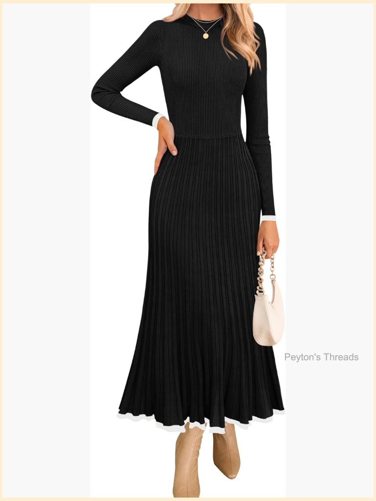 Long Sleeve Sweater Dress Ribbed Knit A-Line Maxi Wedding Guest Dress